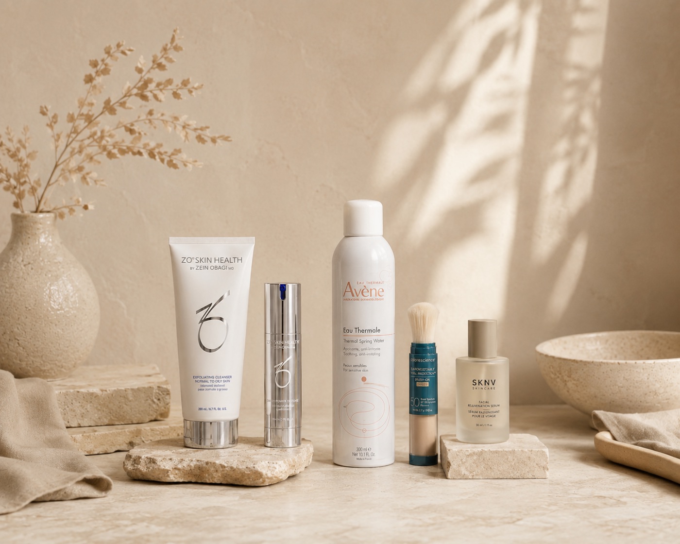 Beleza Clinic skincare lines: ZO Skin Health, Avène, Colorescience, and SKNV