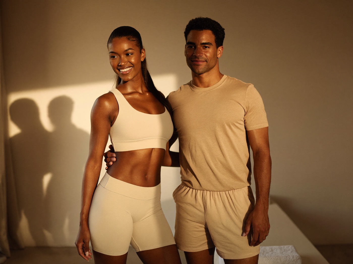 A woman and a man standing together in warm natural light, body treatments at Beleza Clinic